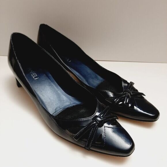 VANELI Bow & Cut-Out Low Heel Navy Blue Patent Genuine Leather Classy Pumps Sz 9 - Picture 15 of 16